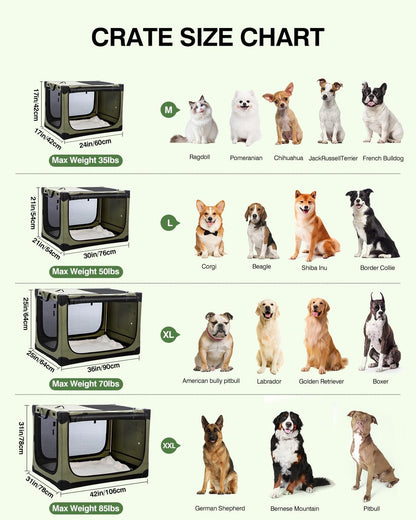 36-Inch Collapsible Travel Dog Crate, Portable 4-Door Soft Kennel for Medium to Large Dogs, Durable Mesh Windows, Indoor/Outdoor Use, Foldable, with Storage Bag (Green)