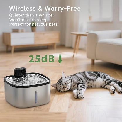 Wireless Cat Water Fountain Stainless Steel, 118oz/3.5L Cordless Automatic Pet Water Dispenser for Cats Indoor, with Motion Sensor, Ultra Quiet Pump, Rechargeable & Multi-Filtration-8Filters