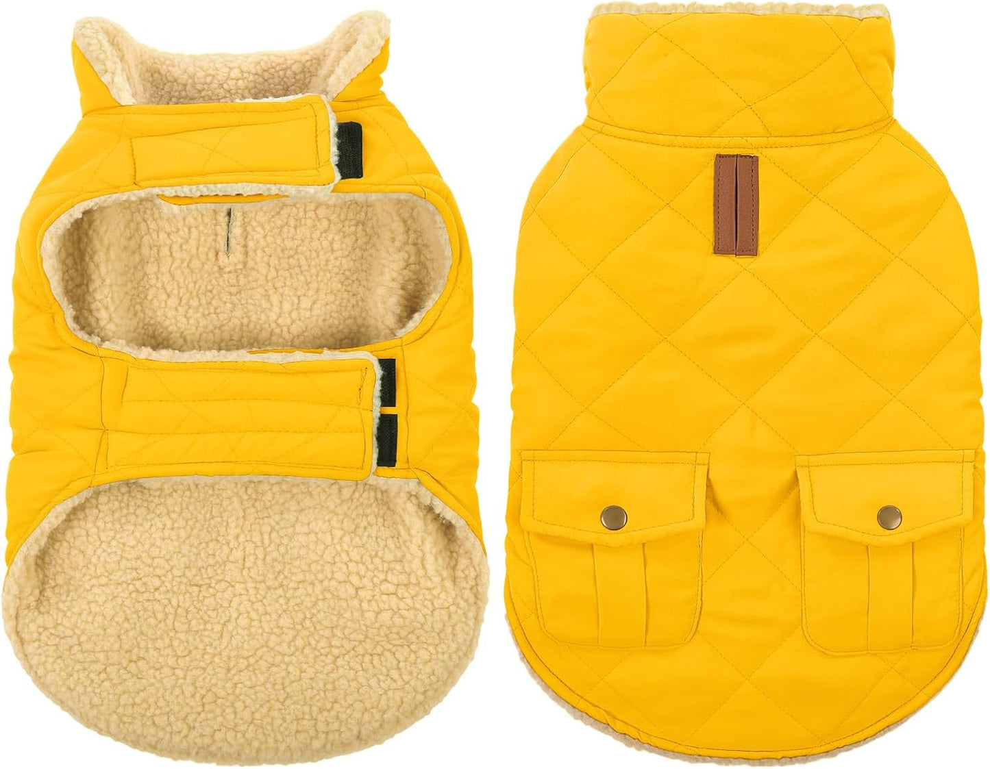 Queenmore Dog Winter Coat Warm Puffer Jacket Waterproof Plush Lining Thermal Cold Weather Vest for Small Medium Large Dogs, Windproof Easy On Pet Jacket Yellow XS