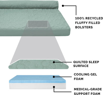 Furhaven Cooling Gel Dog Bed for Medium/Small Dogs w/ Removable Bolsters & Washable Cover, For Dogs Up to 35 lbs - Pinsonic Quilted Paw L Shaped Chaise - Iceberg Green, Medium