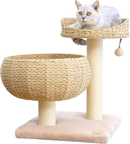PetPals 23" High Handwoven Recycled Paper Rope Baskets Bed and Perch, Sisal Scratching Post, Playful Teaser Toy, Washable Cushion, for Indoor Cats (Beige)