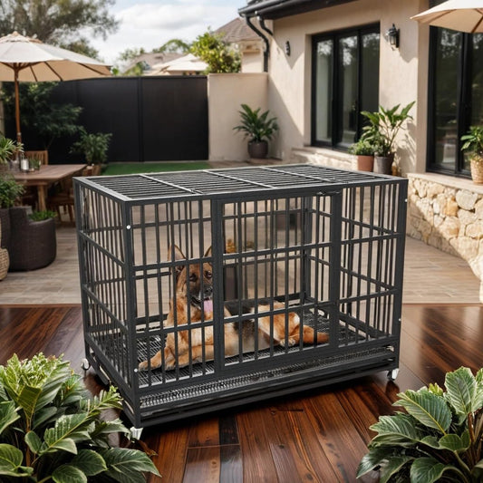 54/48/42/38 Inch Heavy Duty Dog Crate Cage with Wheels, Indestructible and Escape Proof Steel Kennel Indoor for High Anxiety Dogs with Sturdy Locks, Double Door and Tray, Extra Large XL XXL