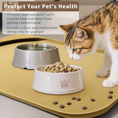 Silicone Pet Feeding Mat with Raised Edge & Residue Collection Pocket for Food and Water, Dog Bowl Mats, Cat Bowls Placemat with High Lip for Floor Waterproof, 19 x 12 x 0.7 Beige