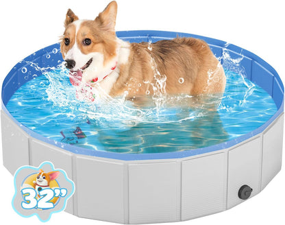 Portable Dog Pool PVC Pet Swimming Pool Bathtub Collapsible Dog Pool, Hard Plastic Pool for Pets to Swim and Bath (S-32" x 8" Light Grey)