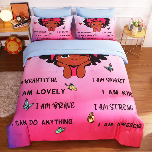 7 Piece Black Girls Magic Comforter Set Twin Size African American Girl Bedding Sets Bed in A Bag for Kids Teens Inspirational Quotes Pink Blue Quilt Room Decor