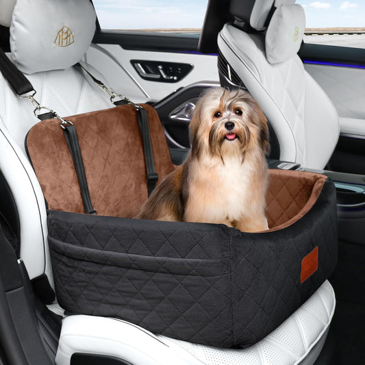 Dog Car Seat for Small Dogs Under 30lbs,Ultra Soft Fabric & Memory Foam Pet Travel Car Bed,Washable & Detachable,Anti-Slip Bottom,2 Storage Pockets and Safety Tethers(Black/Brown) - Pawvie