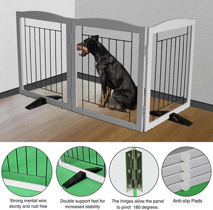 ZJSF Freestanding Dog Fence Indoor, Foldable Dog Gate for Doorways, Stairs or Hallways, Sturdy Wood Extra Wide Pet Gate with Support Feet for The House, Grey, 24 "Height-3 Panels