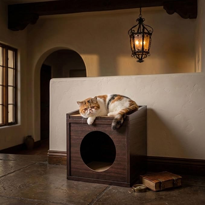 Meowdium Cat House – Cat Condo with Cardboard Scratcher, Scratching Post, Bed & Toy Storage, Cozy Cat Furniture & Accessories for Indoor Cats, Espresso