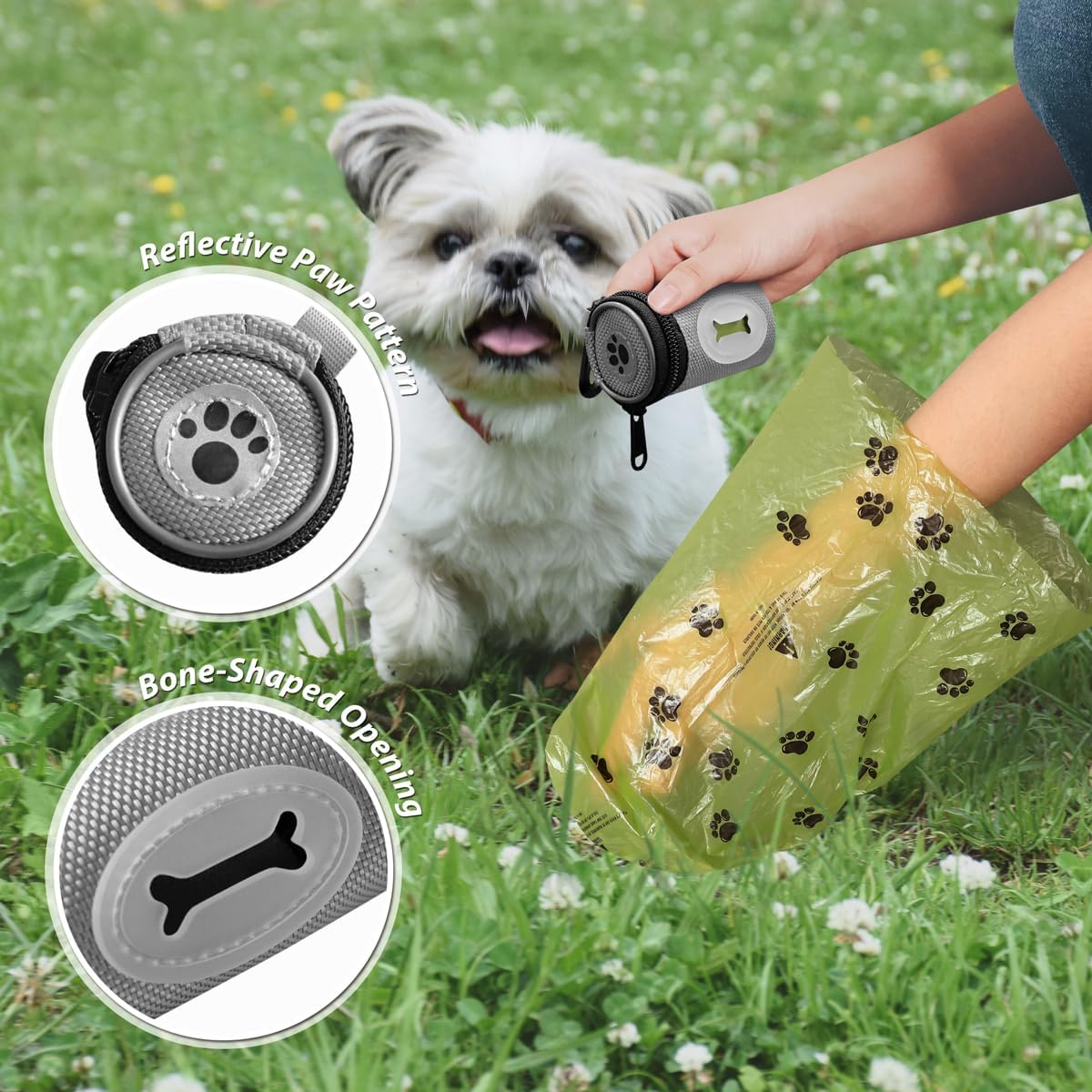 Glow Dog Poop Bag Holder for Leash Doggie Waste Bag Dispenser Puppy Potty Carrier Small Doggy Zipper Pouch with Carabiner Clip 1680D Nylon Oxford with 1 Roll of Pet Trash Bags, Silver - Pawvie