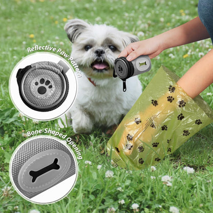 Glow Dog Poop Bag Holder for Leash Doggie Waste Bag Dispenser Puppy Potty Carrier Small Doggy Zipper Pouch with Carabiner Clip 1680D Nylon Oxford with 1 Roll of Pet Trash Bags, Silver - Pawvie