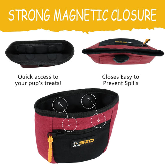 SZO Dog Treat Pouch with Pet Training Clicker, Dog Training Treat Pouch with Waist Belt Clip, Magnetic Closure, Hands-Free Training - Black&Red