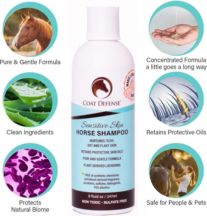 COAT DEFENSE Sensitive Skin Shampoo for Horses | All-Natural & Made in USA | Hypoallergenic Aloe Based - Soothes and Relieves Itchy, Dry and Inflamed Skin | Safe for Everyone | 8oz. Concentrated