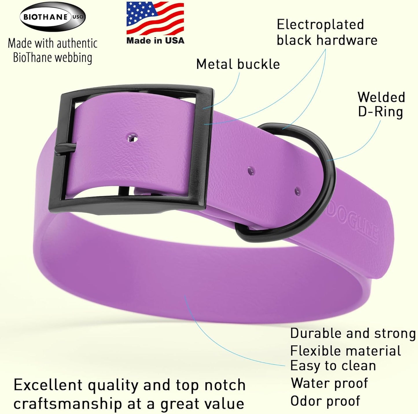 Dogline Biothane Waterproof Dog Collar Strong Coated Nylon Webbing with Black Hardware Odor- Proof for Easy Care Easy to Clean High Performance Fits Small Medium or Large Dogs, Amethyst Purple