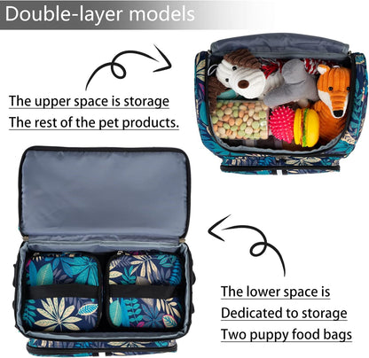 BAGLHER Pet Travel Bag, Double-Layer Pet Supplies Backpack (for All Pet Travel Supplies), Pet Travel Backpack with 2 Silicone Collapsible Bowls and 2 Food Baskets Hawaii - Pawvie