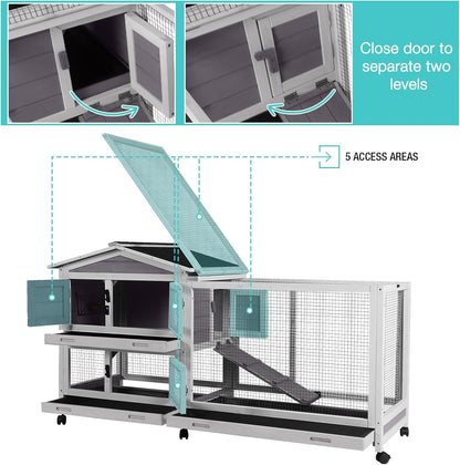 62" Rabbit Hutch with Chew-Proof Ramp & Waterproof Roof - Indoor/Outdoor Bunny Cage, 2-Story Design, 6 Lockable Caster Wheels & Dual Pull-Out Trays (Grey)