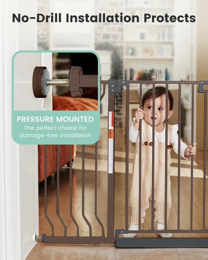 Mom's Choice-GROWNSY Baby Gate for Stairs, 29.5"-48.4" Pressure Mounted Baby Gate for Top of Stair&Doorway with V-Shaped Rods, Anti-Trip Pedal,Wide Stairs Dog Gate Easy Install w/Red Reminder,Brown