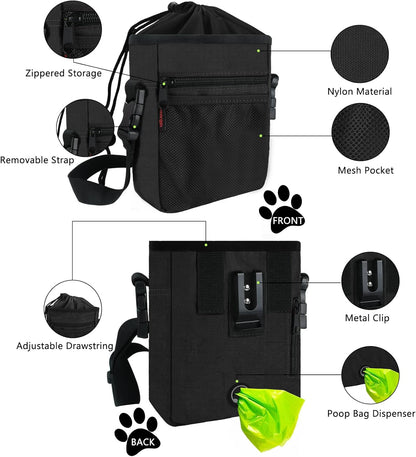 SZO Dog Treat Pouch - 3 Ways to Wear Treat Pouches for Pet Training, Dog Training Treat Pouch Bag and 2 Pieces Clicker Taining for Dogs with Waist Belt Shoulder Strap-Max Black