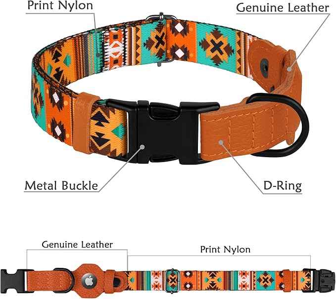 AirTag Dog Collar with Metal Buckle - Printed Nylon Soft Leather Dog Collar with Apple AirTag Holder - Secure Tracking GPS Pet Collars for Girl Boy Small Large Dogs (S, 12"-15" Neck Fit, Southwest)