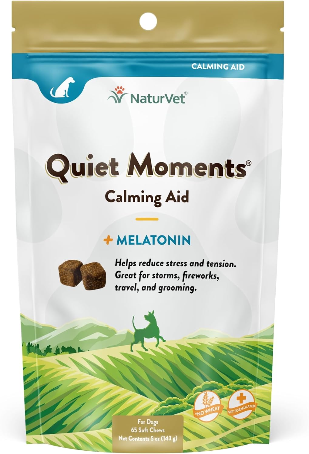 NaturVet Quiet Moments Calming Dog Supplement, Dog Soft Chews with Melatonin to Help Reduce Stress from Storms, The Vet, Fireworks, and Travel, Bacon and Chicken Flavored Pet Supplement, 65 Count