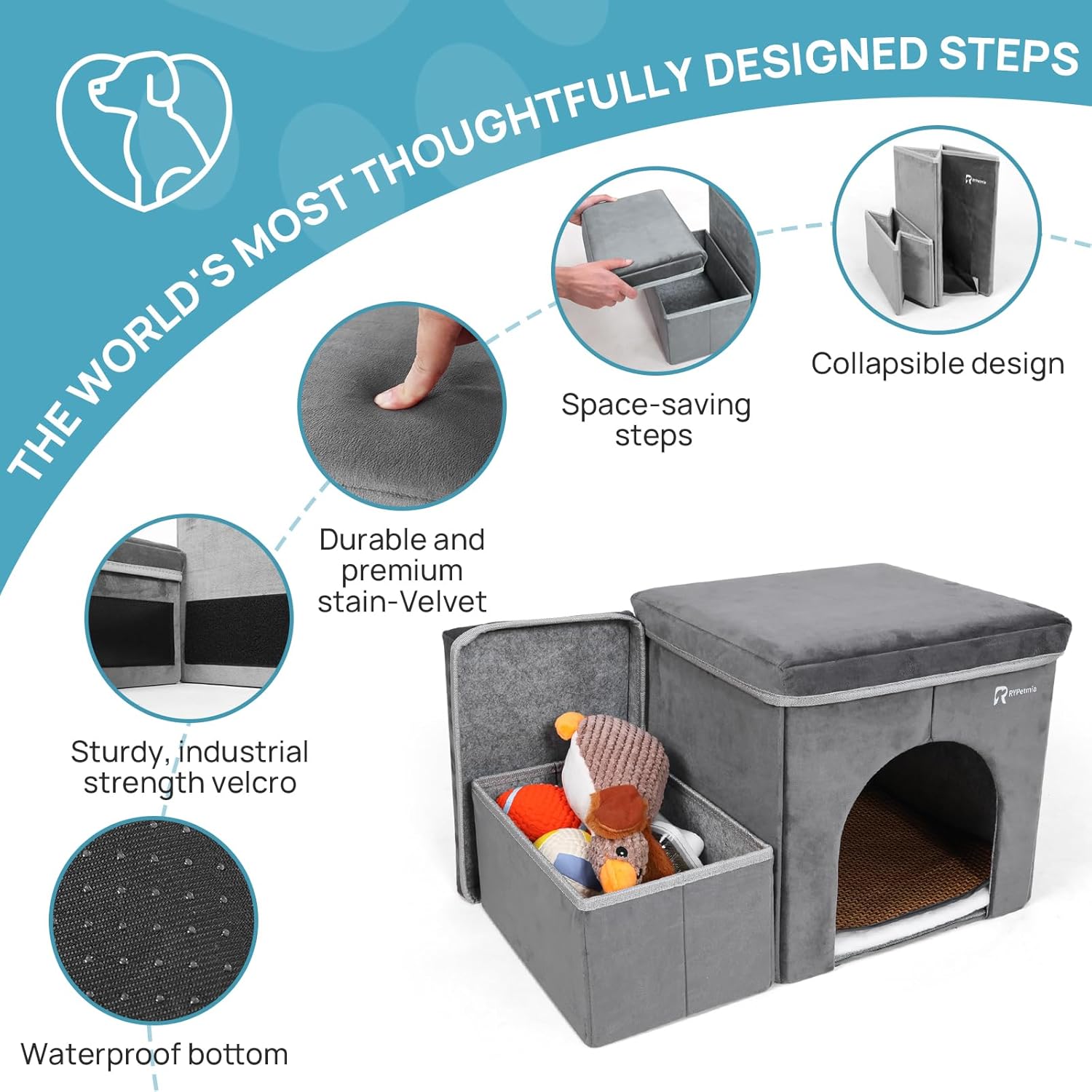 Foldable Pet Stairs for Beds & Sofas - Non-Slip Dog Steps with Storage for Small to Medium Dogs & Cats, Supports up to 120 lbs - Durable 2 & 3-Step Doggie Ladder for Easy Access - Pawvie
