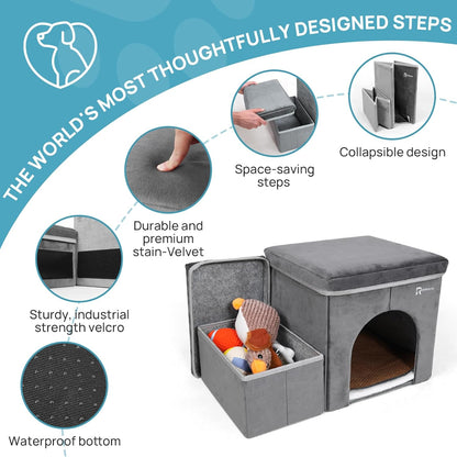 Foldable Pet Stairs for Beds & Sofas - Non-Slip Dog Steps with Storage for Small to Medium Dogs & Cats, Supports up to 120 lbs - Durable 2 & 3-Step Doggie Ladder for Easy Access - Pawvie