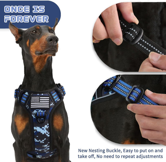 BUMBIN Tactical Dog Harness for Small Dogs No Pull, Famous TIK Tok No Pull Puppy Harness, Fit Smart Reflective Pet Walking Harness for Training, Adjustable Dog Vest Harness with Handle Blue Camo XL