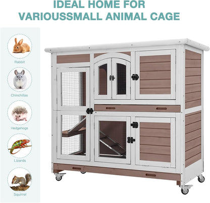 Rabbit Hutch Indoor Bunny House Guinea Pig Cage with Sliding Plastic Trays, Wheels & Ramp, 47.2" Multi-Door Wooden Small Animal Cage for Rabbits, Bunnies, and Guinea Pigs (Brown)
