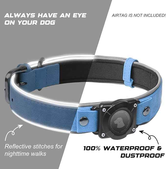 Leather AirTag Dog Collar, Waterproof Dog Collar with Air Tag Holder, Compatible with Apple Air Tag, Reflective, Durable, Comfortable Padded GPS Dogs Collars (Blue, XL)