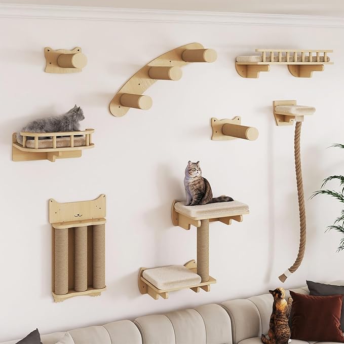 BYBYME 8 Pcs Cat Wall Climbing Set, Wood Cat Furniture with Scratching Posts, Kitten Perch, 100CM Sisal Rope & Cat Bed, Wall Mounted Cat Shelves for Sleeping, Playing & Relaxing（Natural Wood）