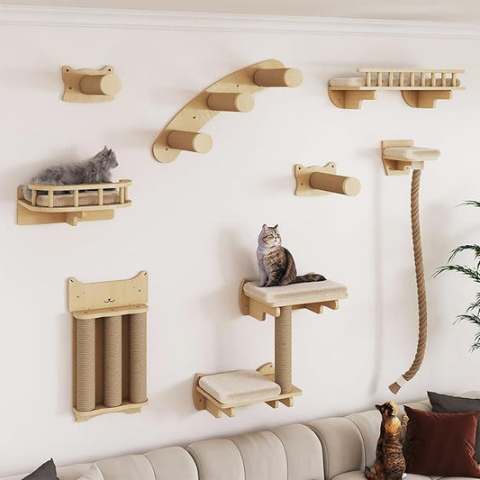 BYBYME 8 Pcs Cat Wall Climbing Set, Wood Cat Furniture with Scratching Posts, Kitten Perch, 100CM Sisal Rope & Cat Bed, Wall Mounted Cat Shelves for Sleeping, Playing & Relaxing（Natural Wood）