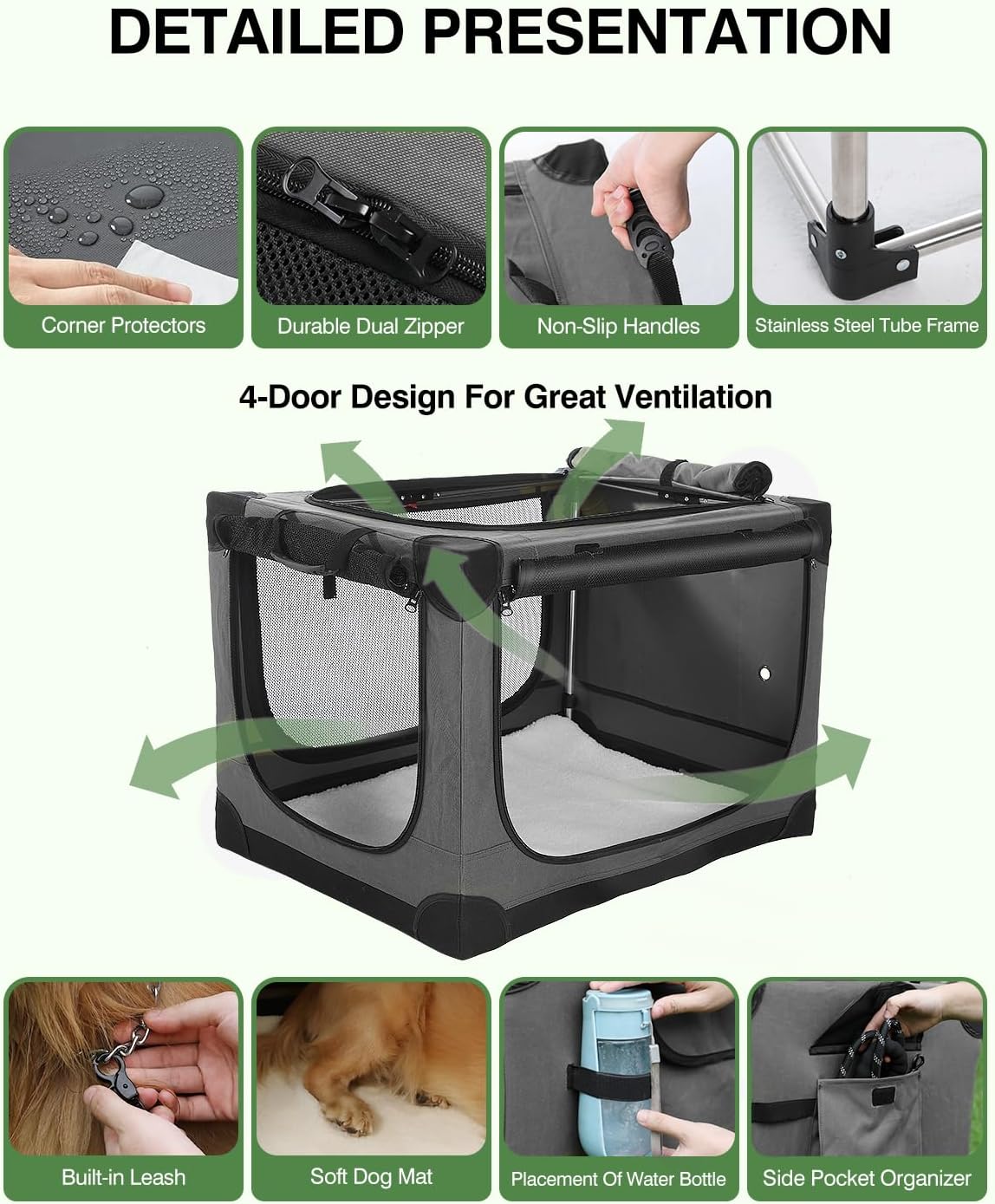 24 Inch Collapsible Travel Dog Crate for Medium Large Dogs, Portable Dog Crate 4-Door Foldable Soft Kennel with Durable Mesh Windows for Indoor & Outdoor Travel, with Storage Bag,Grey