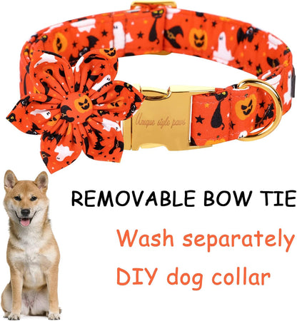 Unique style paws Halloween Dog Collar with Flower Tie Cotton Adjustable Puppy Collar for Small Medium Large Dogs-XS