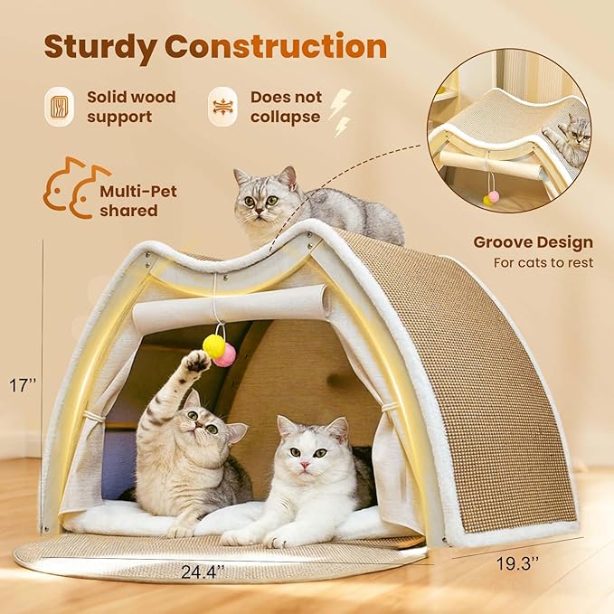 Cat Houses for Indoor Cats - Large Cat Bed Cave with Natural Sisal Cat Scratcher Mat, Solid Wood Frame Cat House with Curtains and Cat Floor Scratching Pad Rug, Protect Couch and Carpets, L