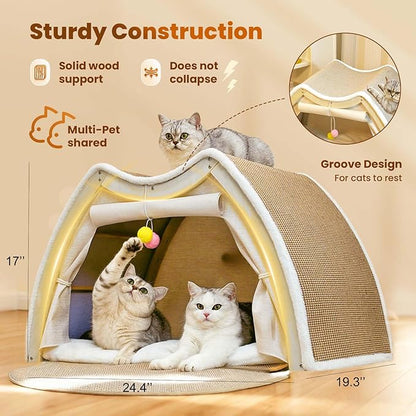 Cat Houses for Indoor Cats - Large Cat Bed Cave with Natural Sisal Cat Scratcher Mat, Solid Wood Frame Cat House with Curtains and Cat Floor Scratching Pad Rug, Protect Couch and Carpets, L
