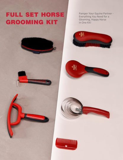 9PCS Horse Grooming Kit Curry Comb Sweat Scraper Horse Bathing Supplies Grooming Tools with Storage Bag Shadowberry