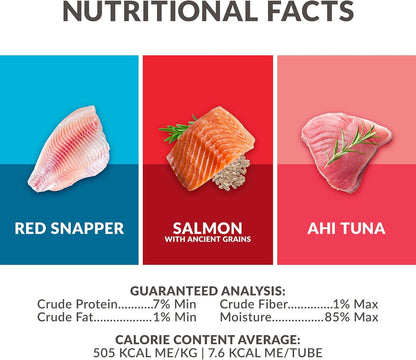 Lickable Cat Treats Exotic Fish Variety Pack 12ct - Ahi Tuna, Wild Pink Salmon, Red Snapper - Puree Bisque