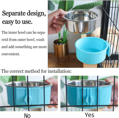 kathson Crate Dog Bowl, Removable Stainless Steel Hanging Pet Cage Bowl Food & Water Feeder Coop Cup for Cat, Puppy, Birds, Rats, Guinea Pigs 4pcs Large(2×Blue,1×Pink,1×Green)