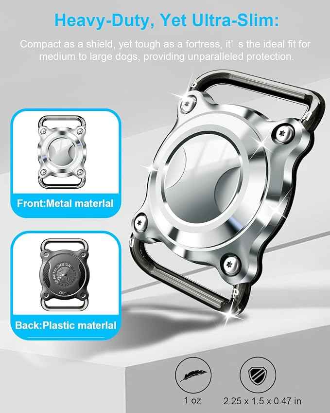 Airtag Dog Collar Holder | Metal Airtag Holder for Dog Collar - Airtag Dog Holder Waterproof with Metal Cover, Removable Loop, Chew Proof, Compact Size (1 Pack Silver, L (Width3cm/ Thick4.5mm))