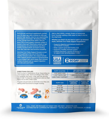 Dinovite 3 in 1 Probiotic for Puppies, Skin & Coat, Digestive Health & Joint Relief, Dog Food Toppers, Salmon Oil, Glucosamine, Allergy Relief & Itch Relief Skin Care, 90 Servings (Puppy)