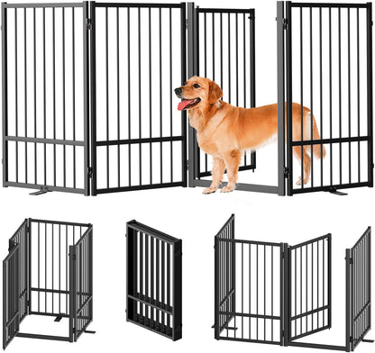 Full Metal Freestanding Dog Gate with Door, 32''Height Foldable Pet Dog Fence for Indoor & Outdoor, 4 Panels Extra Wide Free Standing TallDog Gates for Doorways,House,Stairs,Porch,Deck,Yard