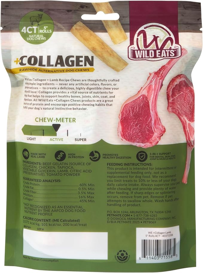 Wild Eats Lamb Flavor Collagen Retriever Style Cheek Rolls 5" Dog Chews-4 Pack (Long Lasting Dog Chews Treats & Bones for Medium Dogs) Substitute for Pig Ears for Dogs