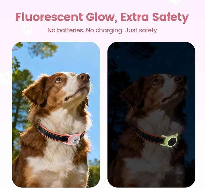 for Airtag Dog Collar Holder with QR ID Tag, Glow in the Dark, Fluorescent Waterproof Silicone for Airtag Case for Dog Collars, Scan for Instant Alert, Emergency Contact, Pet Profile (Pink)
