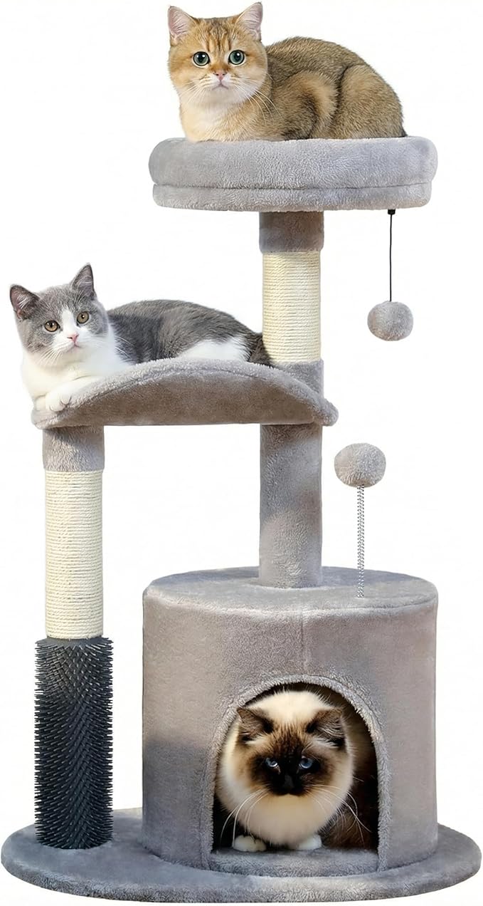 32" 7 Small Cat Tree for Kittens & Senior Cats, Removable Plush Perch, Cozy Condo, Sisal Scratching Post, Compact Cat Tower for Small Spaces w/Cat Toy