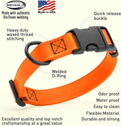 Dogline Biothane Waterproof Dog Collar with Quick Release Buckle Strong Coated Nylon Webbing with Odor- Proof for Easy Care Easy to Clean Fits Small Medium or Large Dogs, Orange 3/4" W 12-19" L