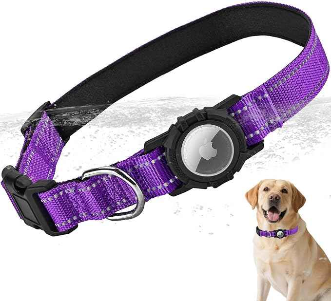 Airtag Dog Collar with Waterproof Air Tag Holder, Integrated Reflective Pet Collar with Soft Padding, Adjustable Nylon Collar for Small Medium Large Dogs, Purple, XS (9.5"-11.8")
