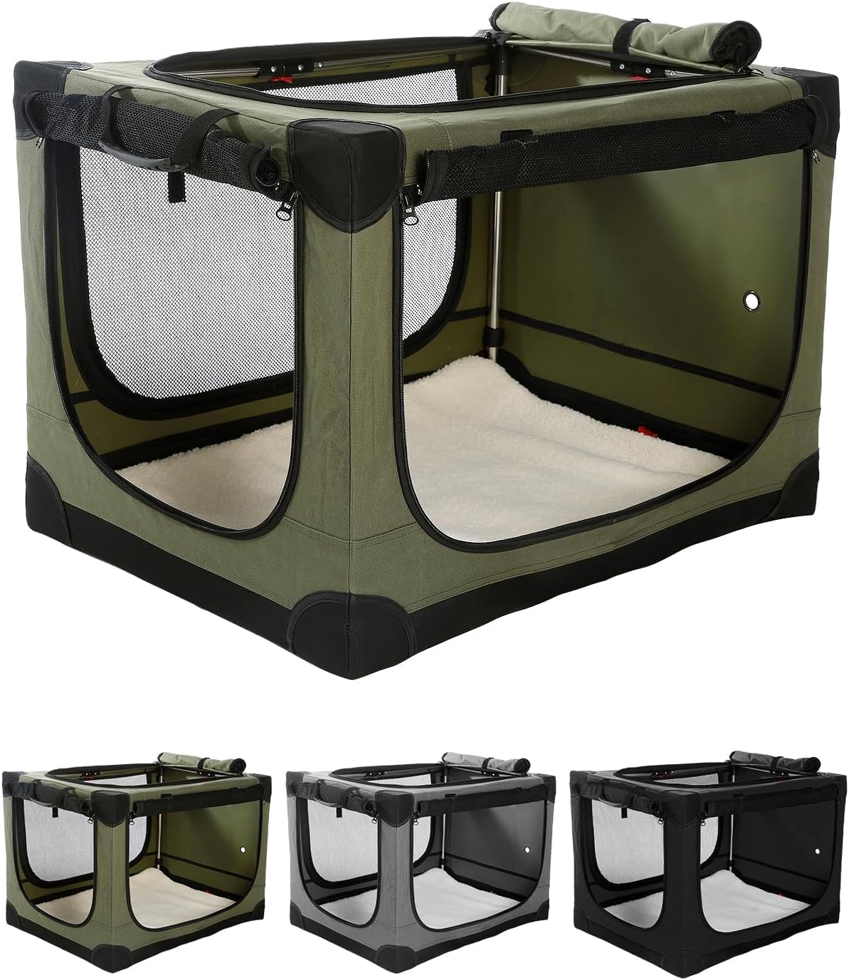 36 Inch Collapsible Travel Dog Crate for Medium Large Dogs, Portable Dog Crate 4-Door Foldable Soft Kennel with Durable Mesh Windows for Indoor & Outdoor Travel, with Storage Bag,Green