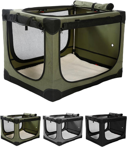 36 Inch Collapsible Travel Dog Crate for Medium Large Dogs, Portable Dog Crate 4-Door Foldable Soft Kennel with Durable Mesh Windows for Indoor & Outdoor Travel, with Storage Bag,Green
