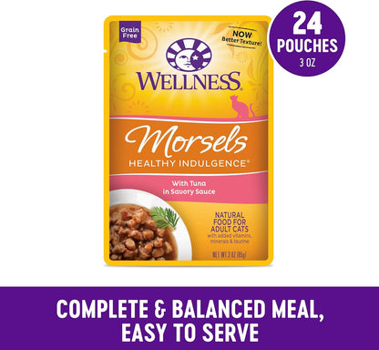 Wellness Healthly Indulgence Morsels Adult Wet Cat Food, Natural, Protein-Rich, Grain Free, 3 Ounce Pouch, 24 Pack, (Tuna)