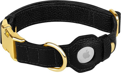 Leather Airtag Dog Collar - Soft Tracking Dog Collar with Apple AirTag Holder and Metal Buckle - Safety GPS Pet Collars for Small Medium Large Dogs Puppy Pink Red (Black, XL, 20"-25" Neck Fit)