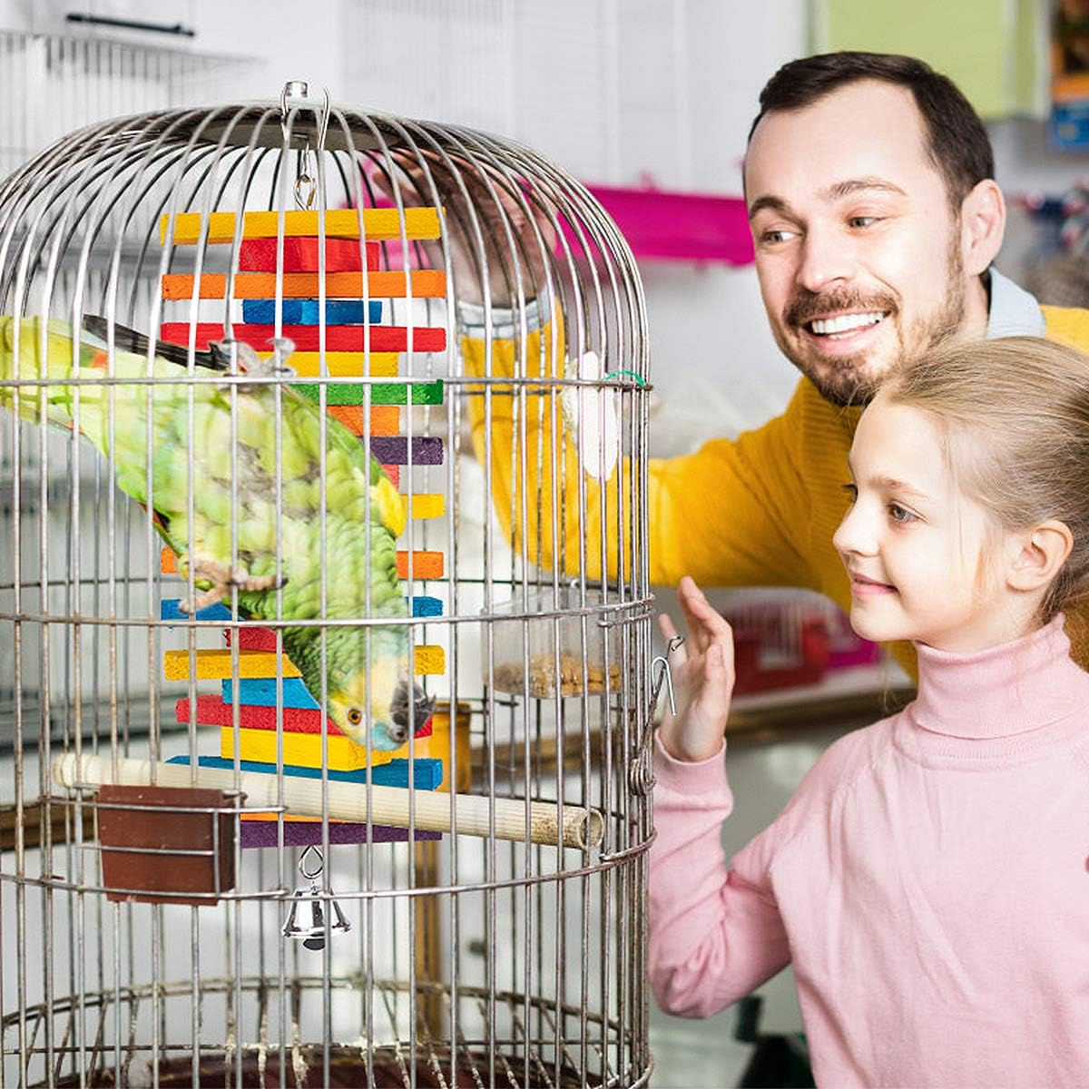 MEWTOGO 2 Pcs Bird Toys - Parrot Toys with Multicolored Natural Wooden Blocks, Chewing Sticks for Conures, Parakeets, Cockatiels, Lovebirds, African Grey, Macaws, Amazon Parrots - Bird Gift
